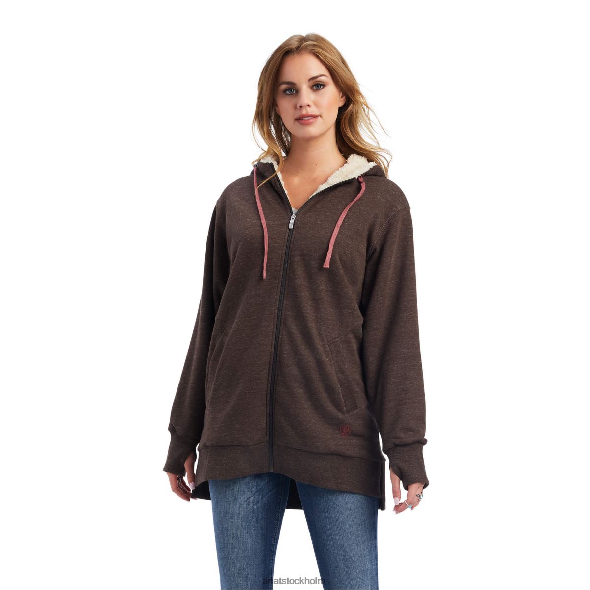 blast Ariat äkta sherpafodrad lång huvtröja med dragkedja banyan bark kvinnor F04843402