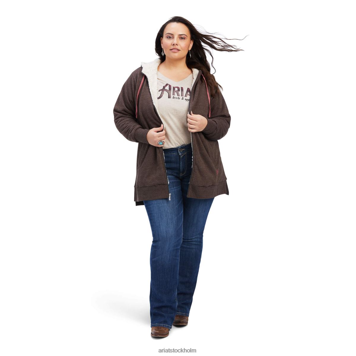 blast Ariat äkta sherpafodrad lång huvtröja med dragkedja banyan bark kvinnor F04843402