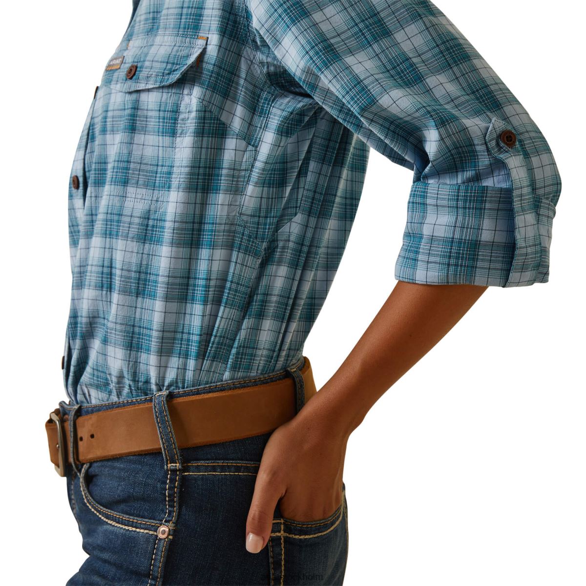 blast Ariat armeringsjärn tillverkad tuff durastretch arbetsskjorta klar himmel pläd kvinnor F04843053