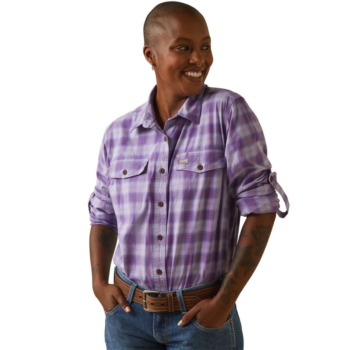 blast Ariat armeringsjärn tillverkad tuff durastretch arbetsskjorta lavendelpläd kvinnor F04843052