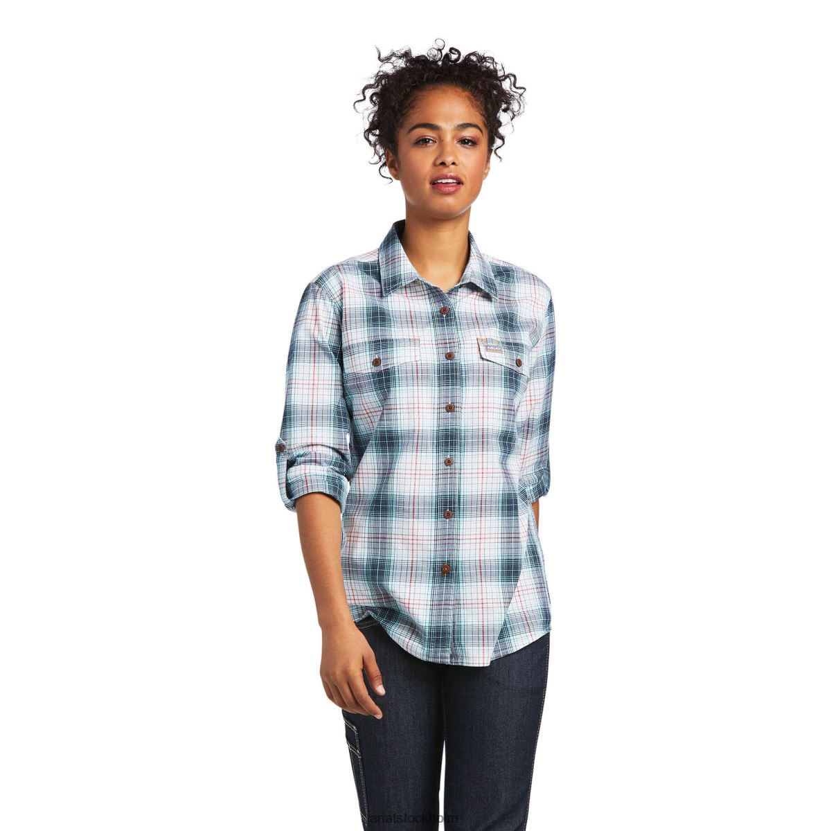 blast Ariat armeringsjärn tillverkad tuff durastretch arbetsskjorta marinförmörkelse kvinnor F04842953