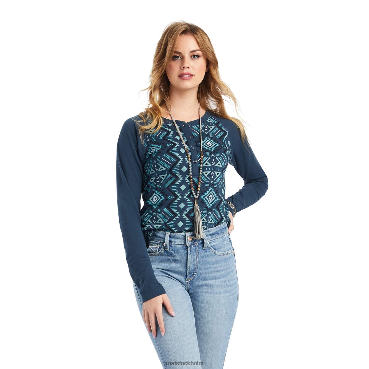 blast Ariat riktig tryckt henley skjorta labyrint multi/midnattsmarin kvinnor F04842989