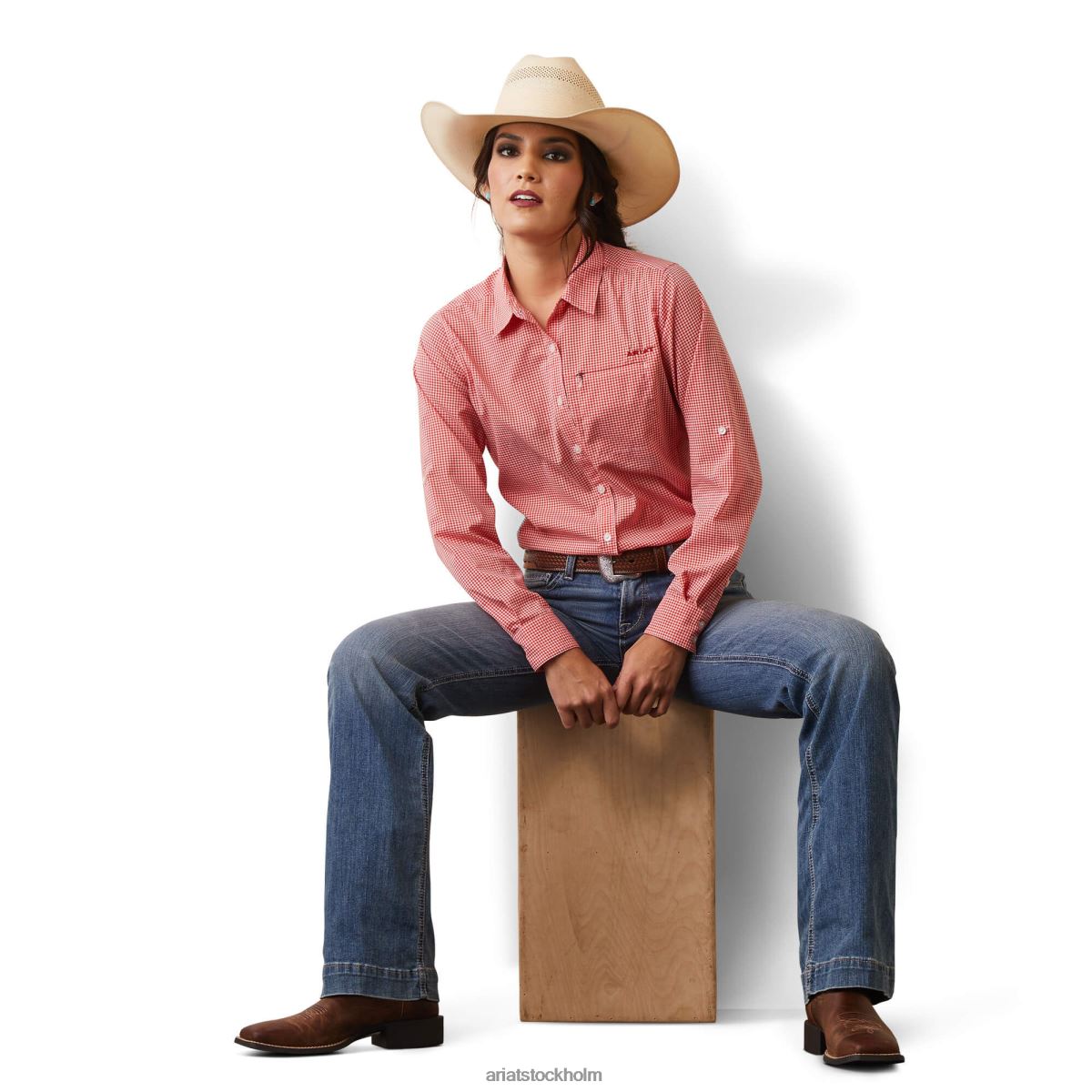 blast Ariat venttek stretch skjorta aura orange/vit rutig kvinnor F04842784