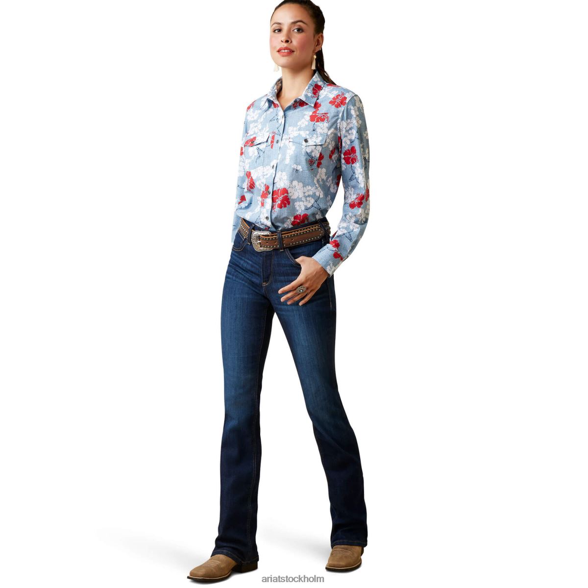 blast Ariat western venttek stretch skjorta röd vit och blå pareau prin kvinnor F04843164