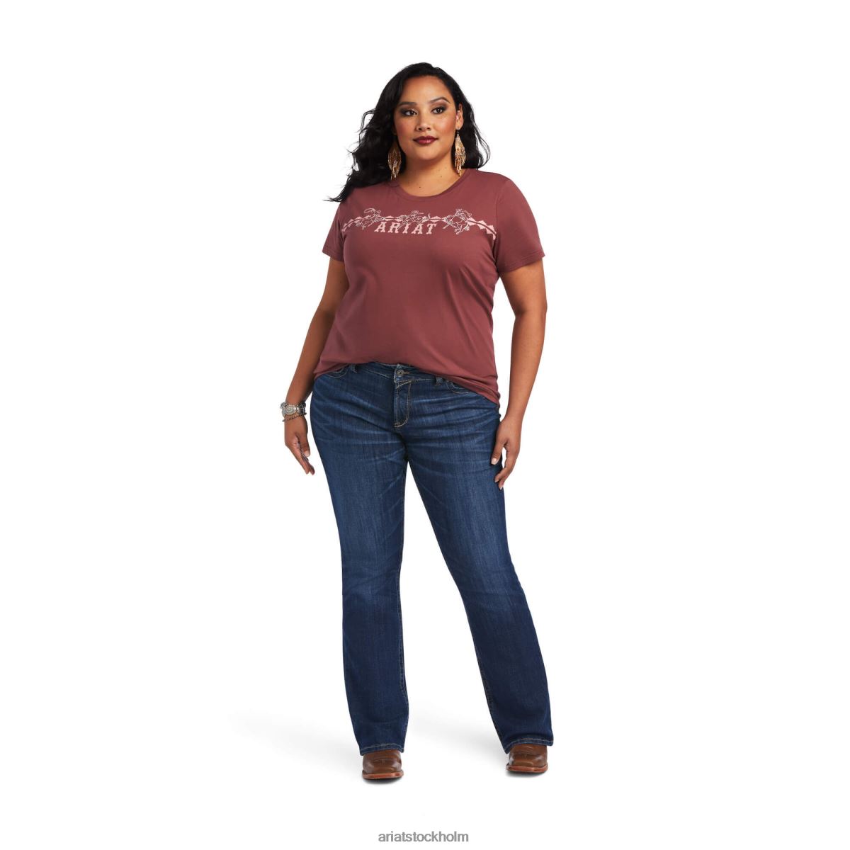 blast Ariat riktig bucking bronc tee rosa brun kvinnor F04843086