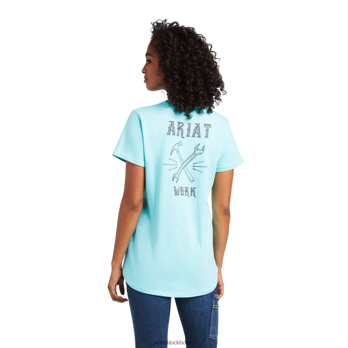 blast Ariat stark skiftnyckel grafisk t-shirt i armeringsjärn i bomull aqua himmel kvinnor F04842972