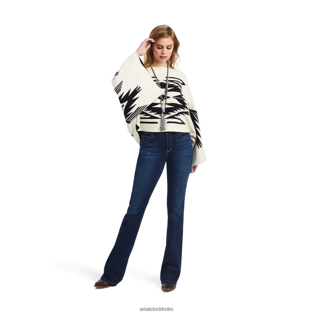 blast Ariat intarsia tröja chimayo poncho smörkräm/blk kvinnor F04843314