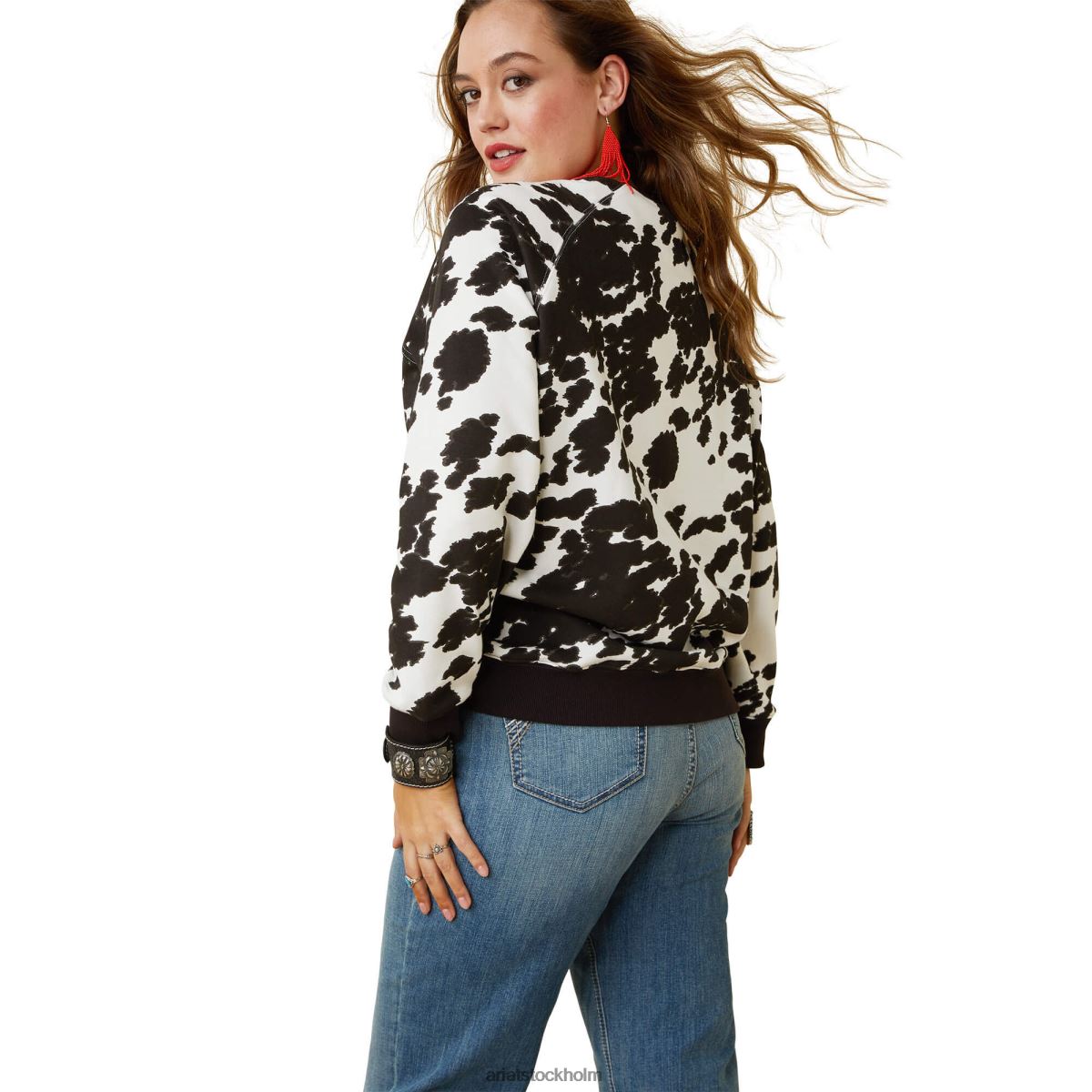 blast Ariat äkta hide crew sweatshirt holstein ko-tryck kvinnor F04843330