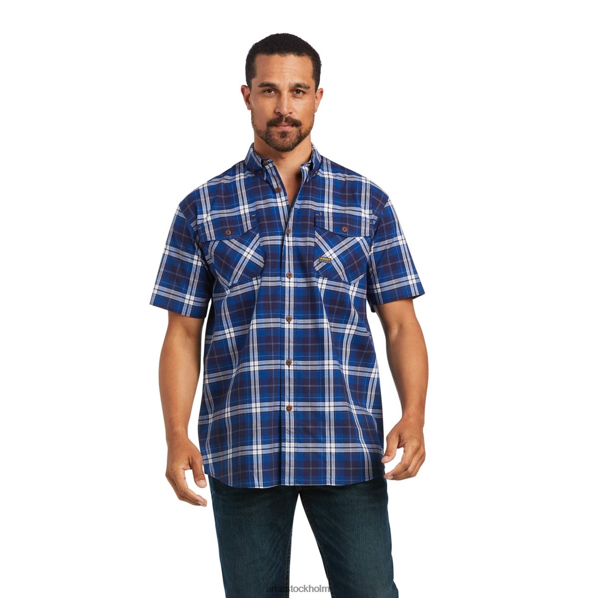 blast Ariat armeringsjärn tillverkad tuff durastretch arbetsskjorta marin pläd män F04841139