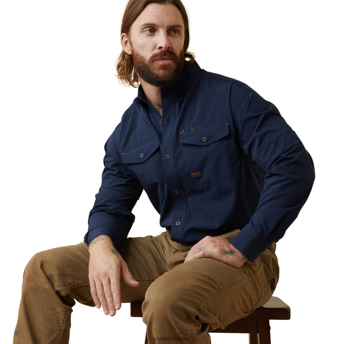 blast Ariat armeringsjärn tillverkad tuff venttek durastretch arbetsskjorta Marin män F04841043