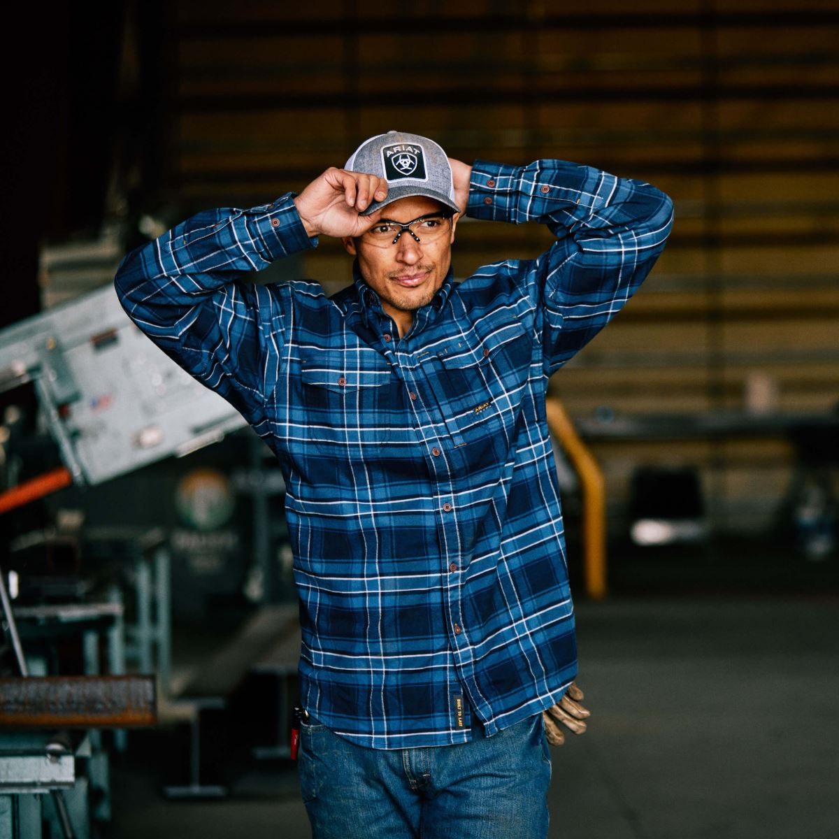 blast Ariat durastretch arbetsskjorta i armeringsjärn i flanell Marin män F04841115