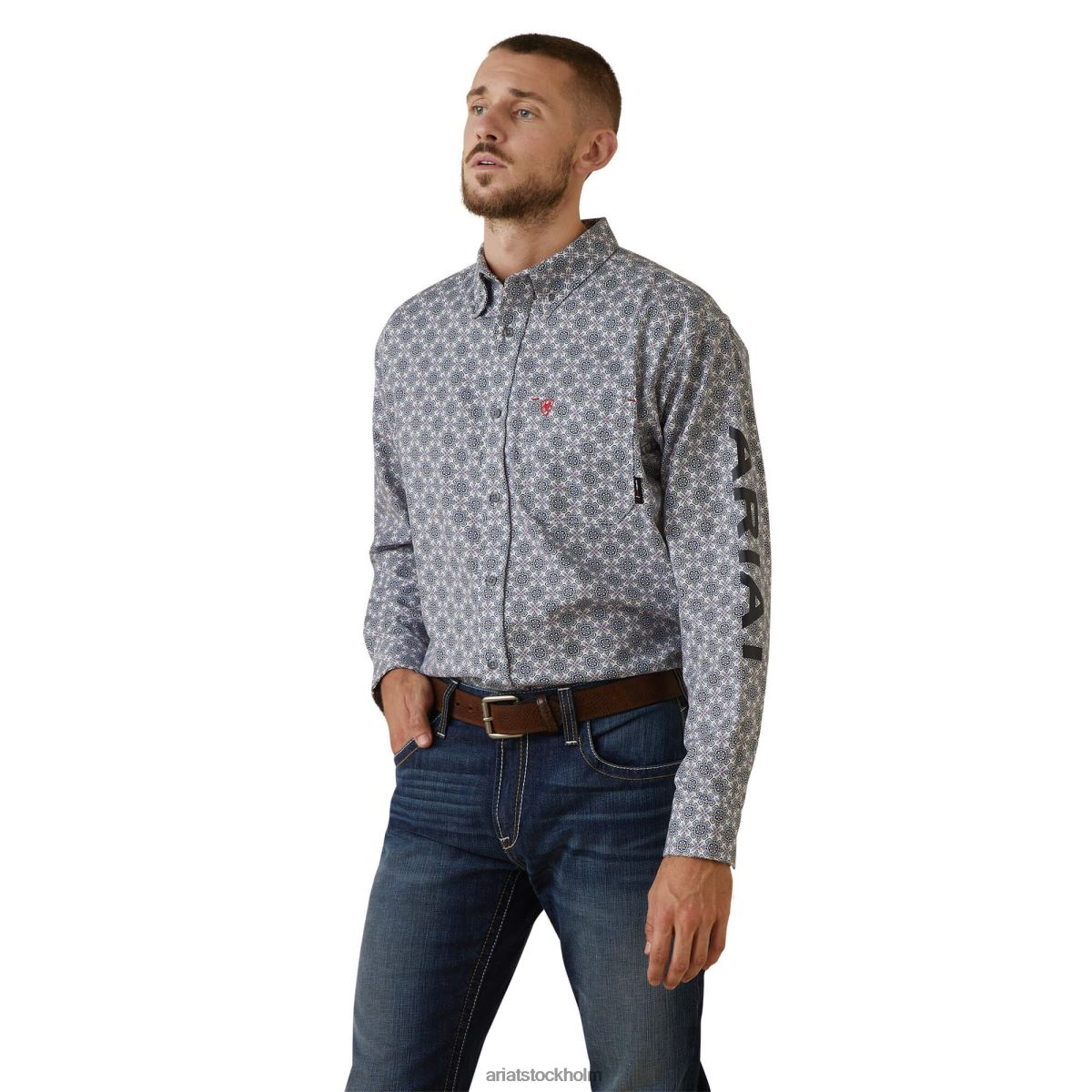 blast Ariat fr amato logotyp stretch arbetsskjorta lavendeltryck män F04841303