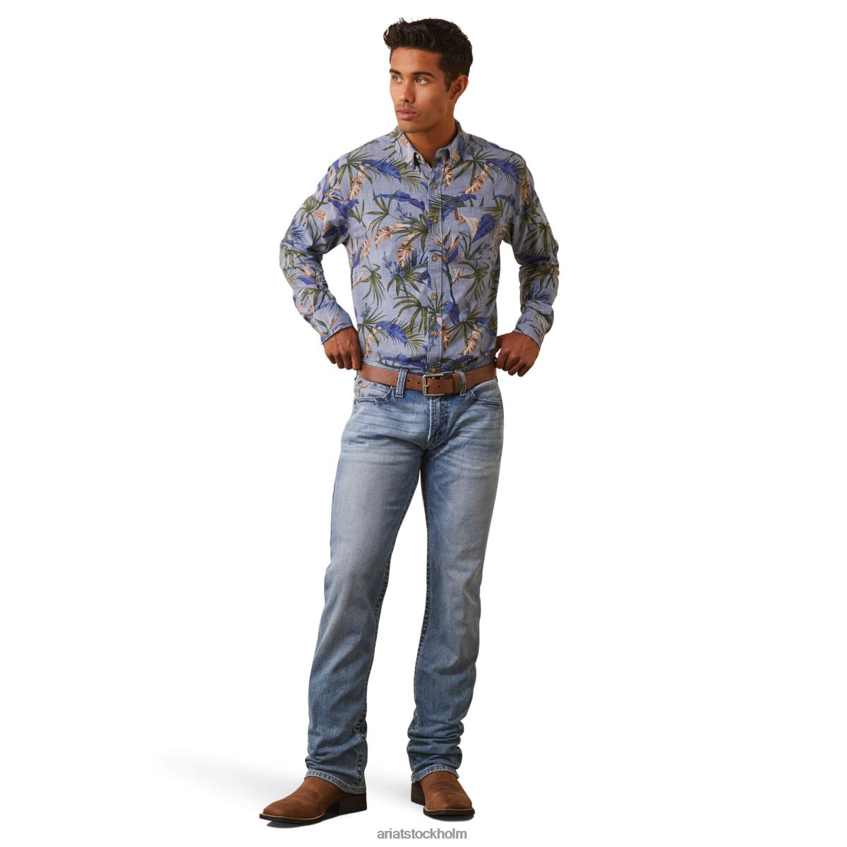 blast Ariat skrynkla motstå paradise palm stretch skjorta med modern passform chambray blå män F04841336