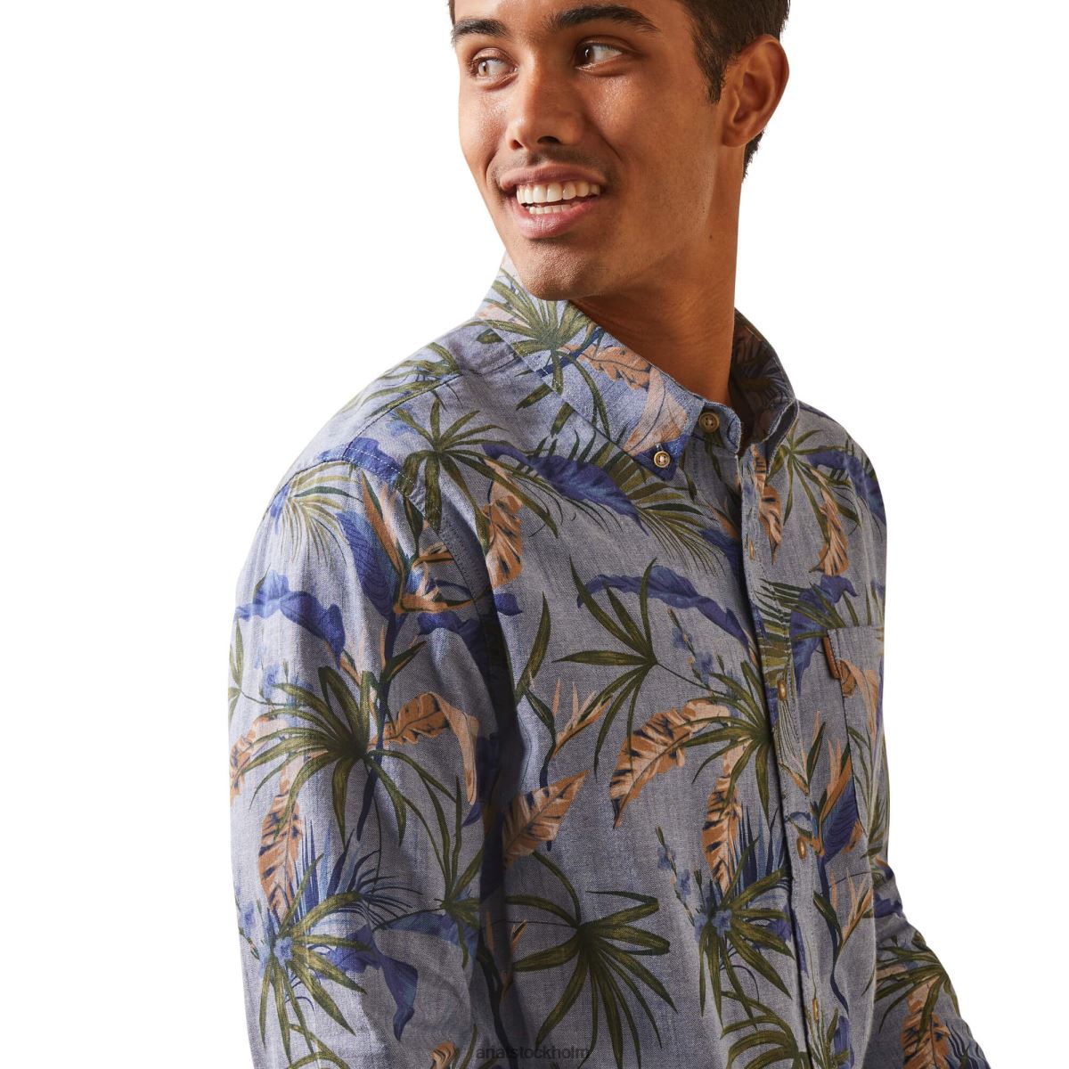 blast Ariat skrynkla motstå paradise palm stretch skjorta med modern passform chambray blå män F04841336