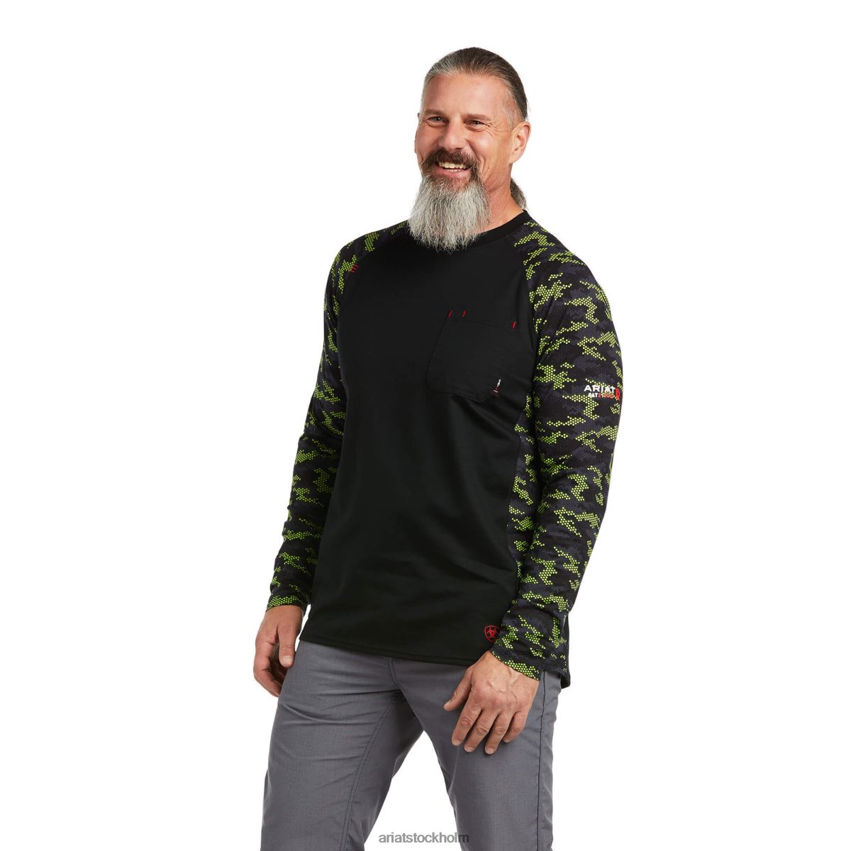 blast Ariat fr ac stretch camo baseball t-shirt svart/lime camo män F0484799